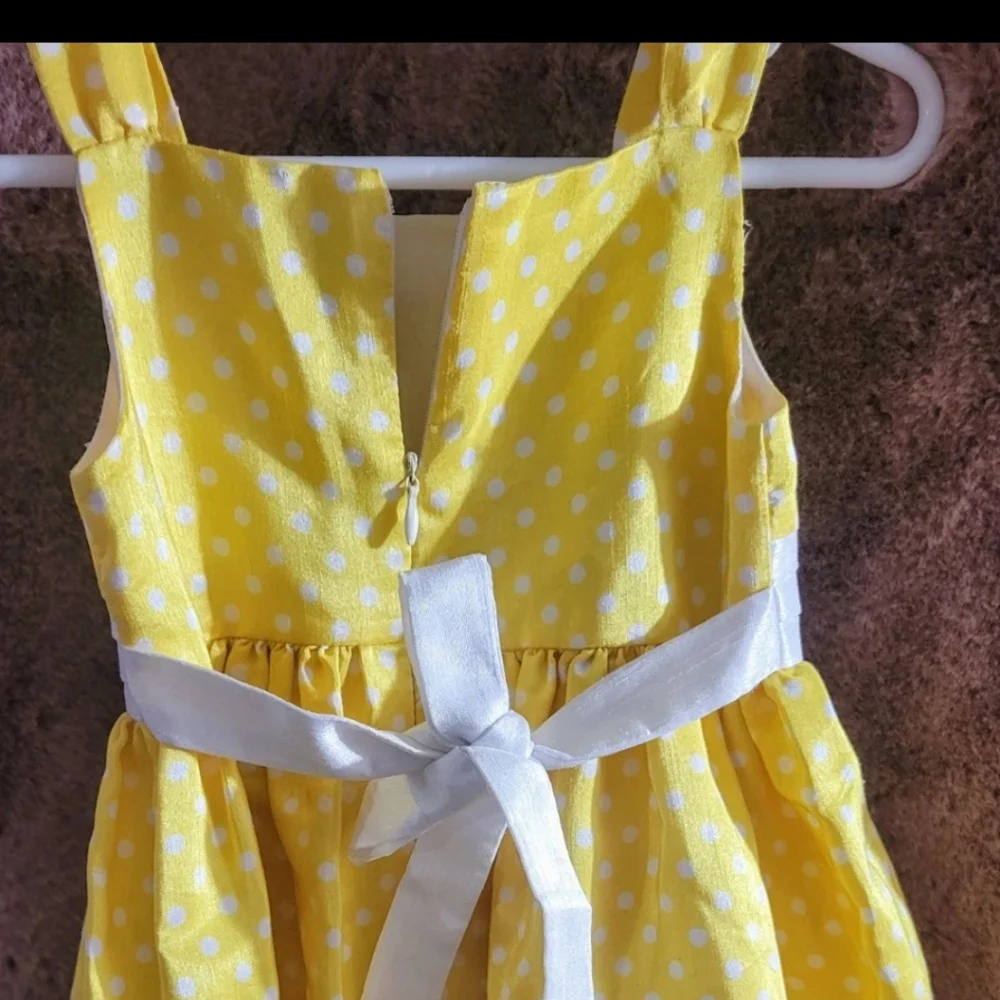 Girls Size 2T Princess Polka Dot Dress Yellow White Flowers Bow Lined Lightweigh